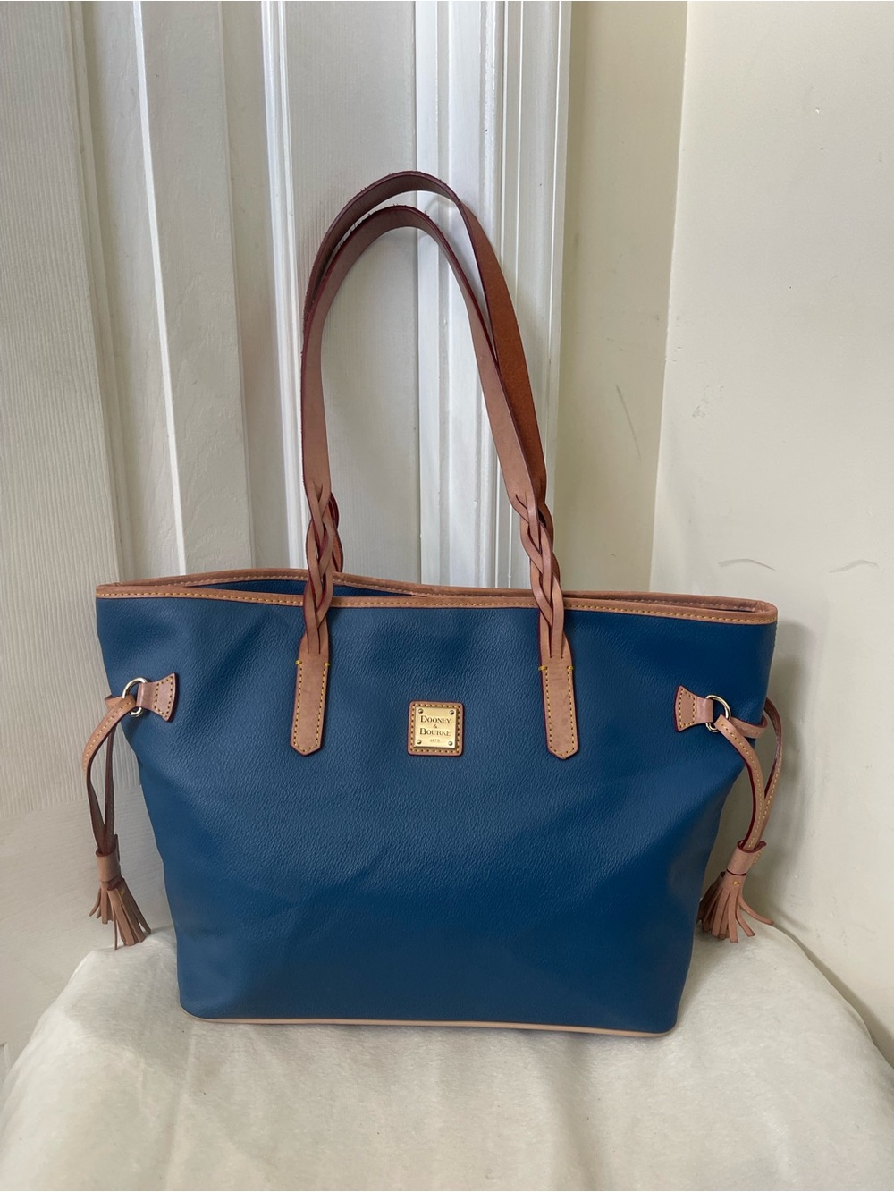 Dooney & Bourke Navy Leather Tote with Tan Trim and Braided Handles